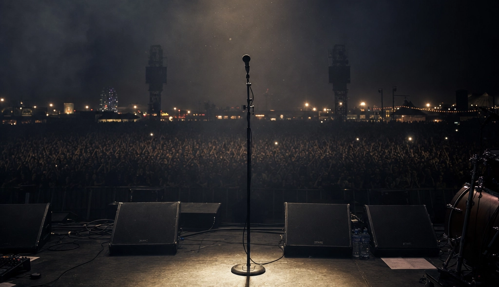 The mic stand waits under a single spotlight, monitors dark, the crowd already packed in for tonight's show